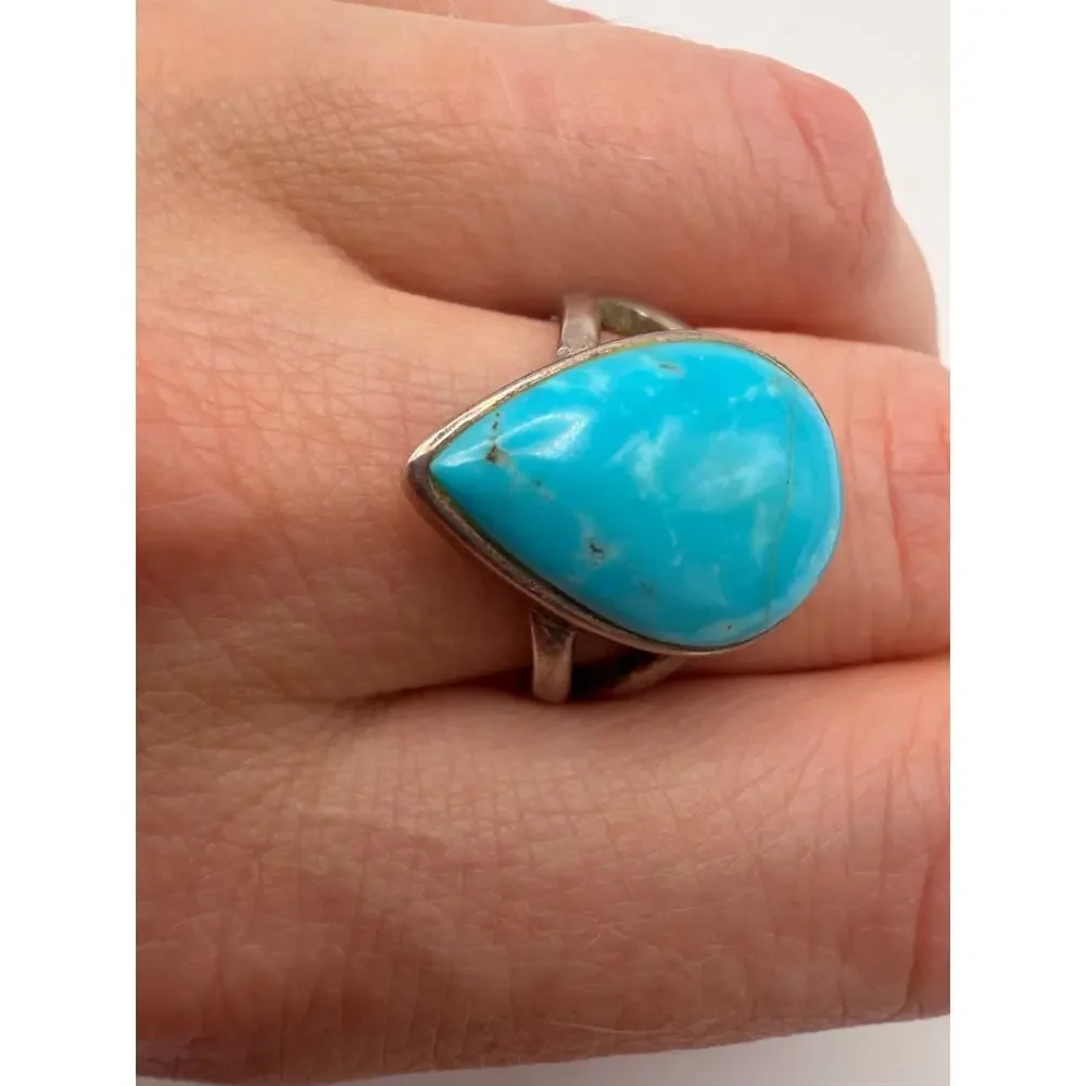 Vintage Sterling Silver 925 MK Thailand Pear Turquoise Cabochon Ring Size 8